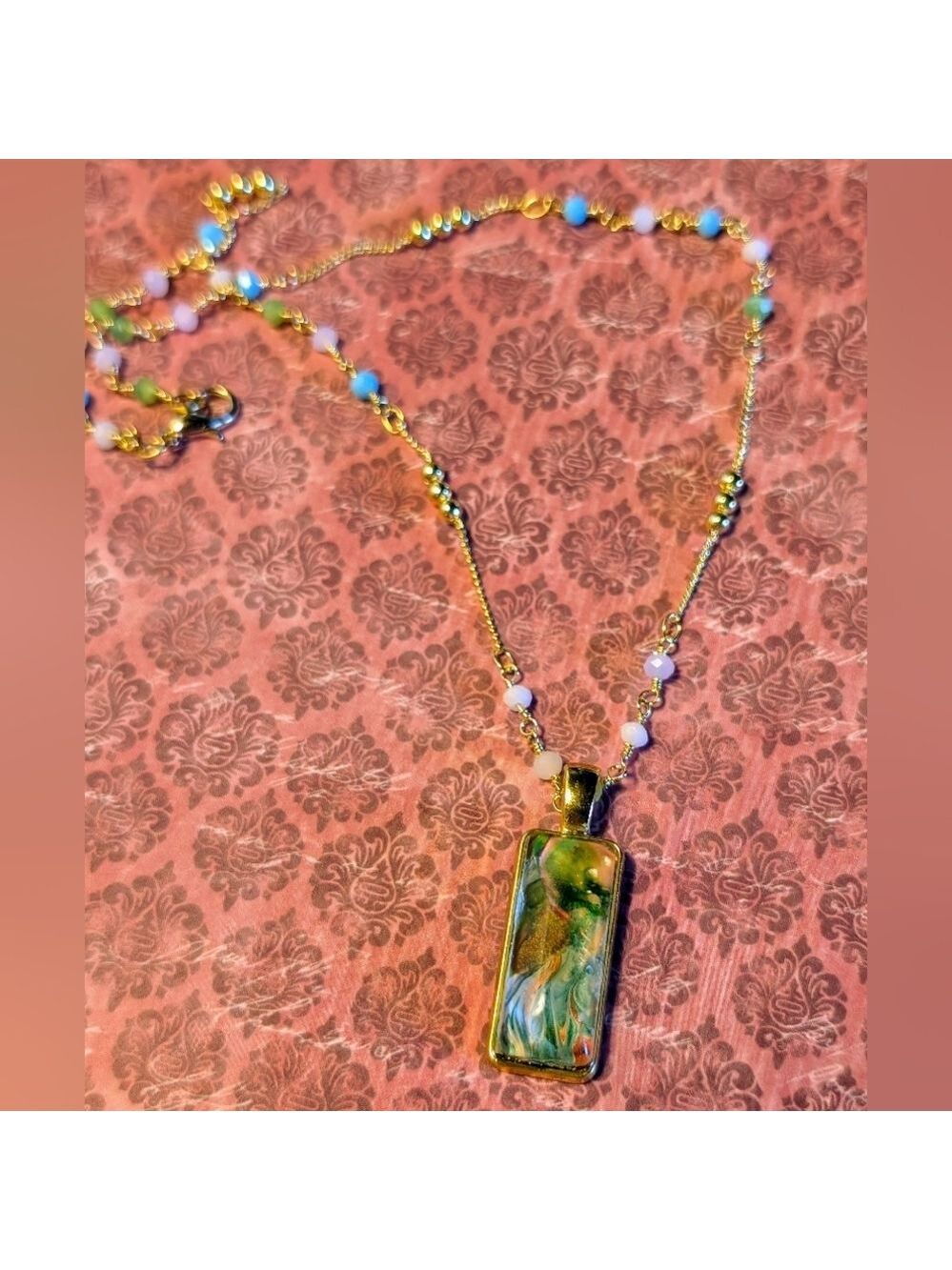 Handmade dainty gold and green fluid art pendant necklace